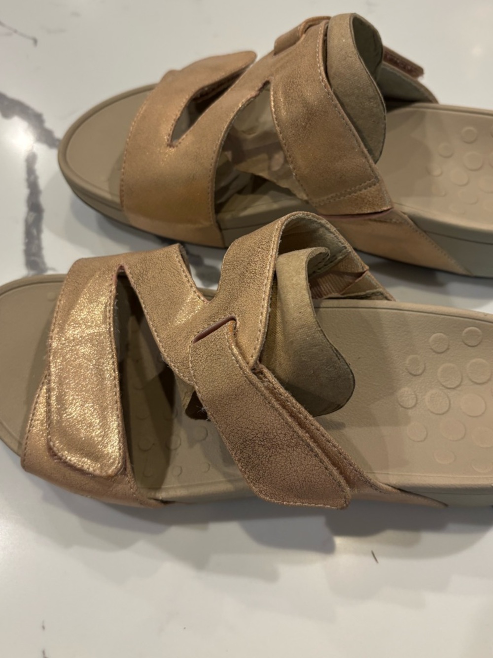 Vionic Rose Gold Metallic Adjustable Wedge Sandals. 7